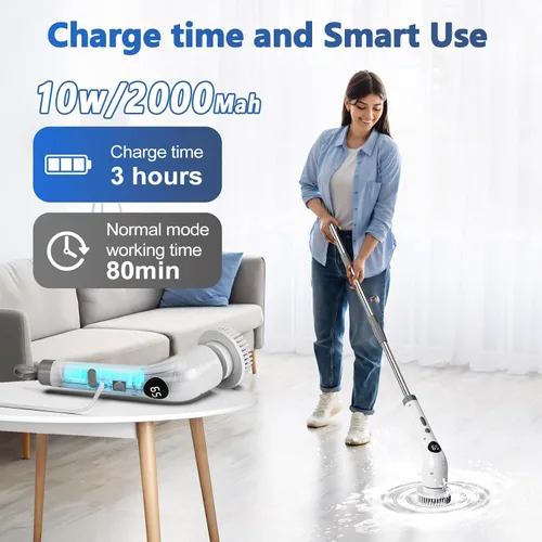 Vista 3 de Qimedo Cepillo Giratorio de Mano con Mango Largo Extendido, Cepillo Eléctrico Recargable para Limpieza, Cepillo Inalámbrico para Platos con 6