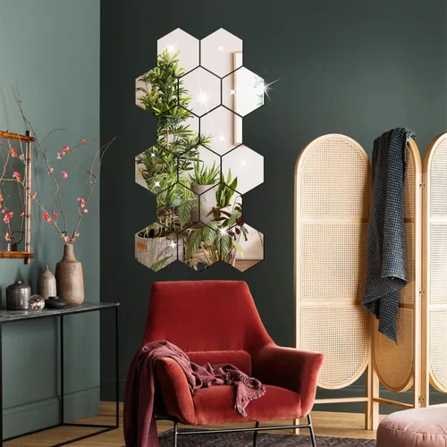 Vista 2 de Calcomanías de pared para bricolaje, juego de 12 calcomanías de espejo acrílico, calcomanías de pared de espejo hexagonal para decoración de sala