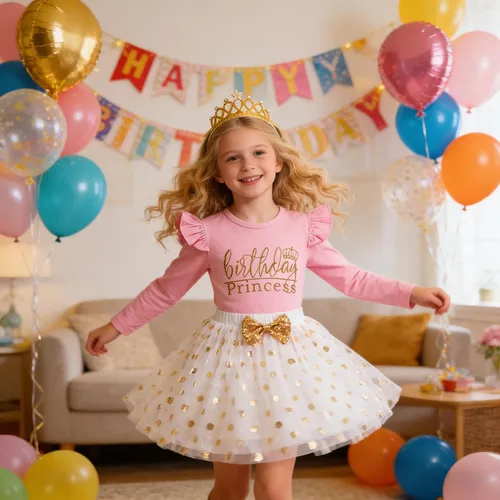 Vista 2 de LYSMuch Conjunto de ropa de cumpleaños para niñas, princesa, camisa de manga larga con malla y falda de burbuja con tutú