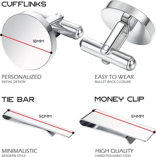 Vista 3 de BodyJ4You 4PC Cufflinks, Tie Bar, Money Clip - Initial A-Z Engraving Alphabet Letter - Mirror Polished Steel Jewelry Set - Men's Cuff Links Shirt