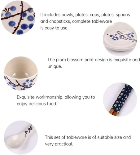 Vista 6 de Hemoton Juego de vajilla japonesa de cerámica de 6 piezas para uso doméstico individual, incluye plato, taza, plato, cuchara, palillos de 7.28