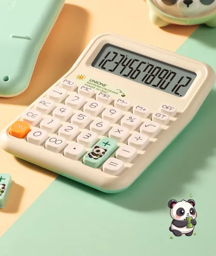 Vista 4 de UNIONE Calculadora Panda con LCD brillante, escritorio portátil de doble alimentación. Color. Negocios, oficina, escuela secundaria... (beige)
