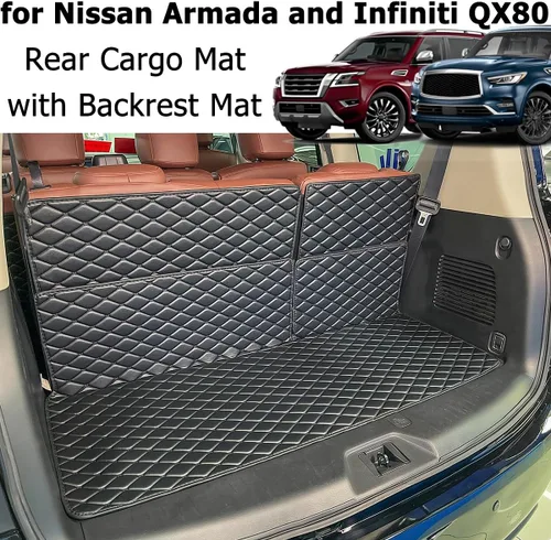 Vista 4 de para 2017-2024 Nissan Armada / 11-13 Infiniti QX56 / 2014-2024 QX80 Alfombra de maletero y fundas de respaldo trasero para 2ª+3ª fila (5 piezas)