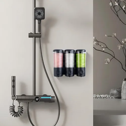 Vista 5 de Dispensador de champú acondicionador de gel corporal, dispensador de jabón de ducha sin taladro, dispensador de champú montado en la pared