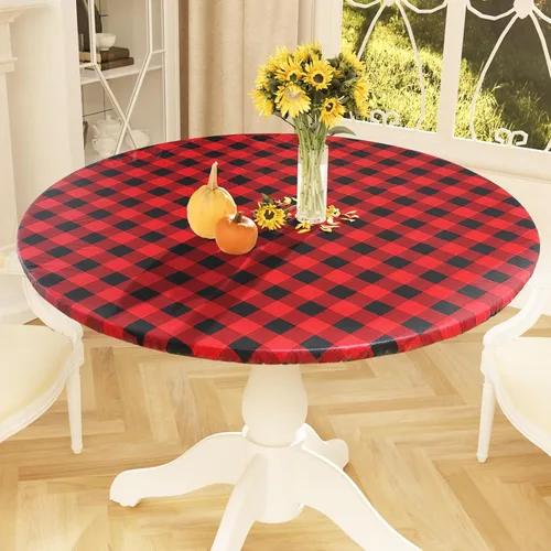 Vista 45 de Smiry - Mantel redondo de picnic de vinilo elástico impermeable con respaldo de franela, mantel de vinilo ajustable para mesas de 31-35 pulgadas