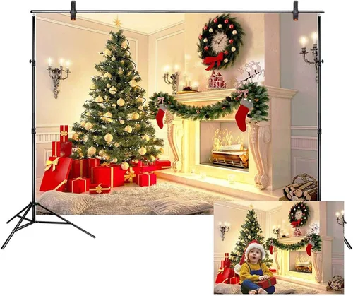 Vista 14 de LB Telones de fondo de chimenea de Navidad para fotografía de 5 x 3 pies, calcetines de árbol de Navidad, regalos de Año Nuevo, para niños