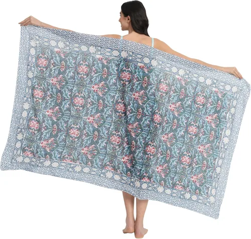 Vista 7 de parihan Traje de Baño Pareo de Playa Sarong Cubiertas para Mujeres - Falda Envolvente con Estampado a Mano Zafiro azul