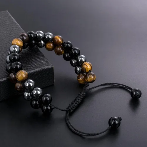 Vista 6 de Paquete de 2 pulseras de triple protección, obsidiana negra y hematita genuina de ojo de tigre y cuentas de hematita para hombres y mujeres, hechas