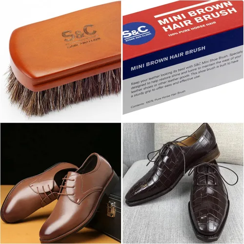 Vista 3 de Mini cepillo de zapatos de 4 pulgadas, cepillo portátil de pelo de caballo con mango de madera natural, cepillo de cerdas suaves para limpiar, pulir