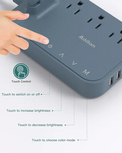 Vista 7 de Addtam Lámpara LED de escritorio, tira de alimentación con 3 tomas, 4 puertos de carga USB (2 USBC), 4 modos, lámpara táctil de 5 niveles de brillo
