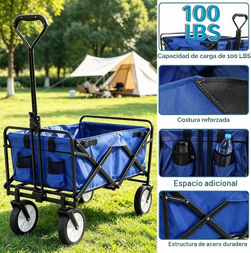 Vista 3 de Carrito plegable portátil plegable para playa, carrito de deportes al aire libre, camping, carrito de utilidad resistente con asa ajustable