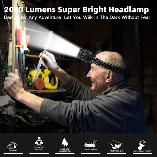 Vista 4 de Linterna frontal recargable LED súper brillante de 2000 lúmenes, lámpara de cabeza con zoom con 5 modos de iluminación, ajustable a 90° e
