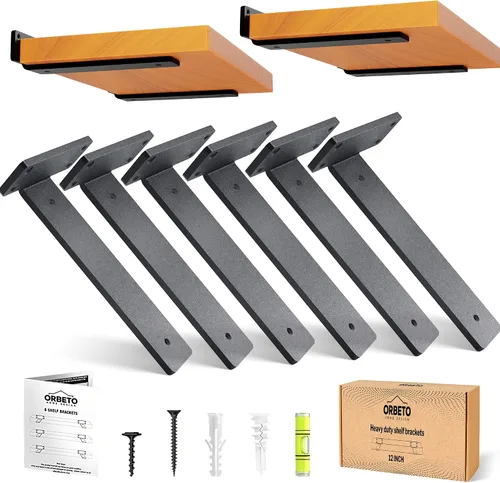 Vista 2 de Orbeto Paquete de 6 soportes de estante resistentes (12 pulgadas) de metal negro (0.236 in de grosor), soporta más de 160 libras, recubrimiento