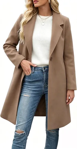Vista 10 de Bankeng Chaqueta de solapa de doble botonadura con muesca para mujer, mezcla de lana de camello Verde Armada (ArmyGreen)