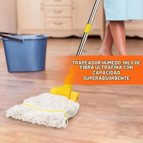 Vista 4 de Trapeador industrial profesional de alta resistencia con mango de 48 pulgadas de largo, mopas comerciales húmedas de algodón para limpieza de pisos