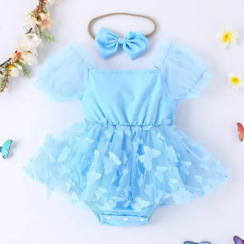 Vista 2 de IDOPIP Conjunto de 2 piezas para bebé recién nacido, con diadema, bordado de flores, tutú, princesa, fiesta de cumpleaños, conjunto de ropa