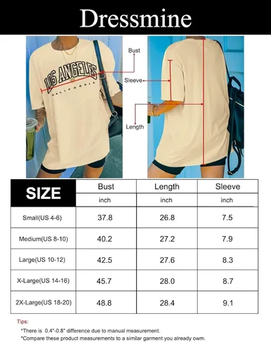 Vista 6 de Dressmine Camisetas de gran tamaño para mujer, de Los Ángeles, California, cuello redondo, media manga, camisetas gráficas casuales