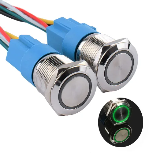 Vista 16 de Paquete de 2 interruptores de botón momentáneos de 0.63 pulgadas, 12 V-24 V, LED, impermeable, de metal, 1 NO 1 NC, con enchufe de cable