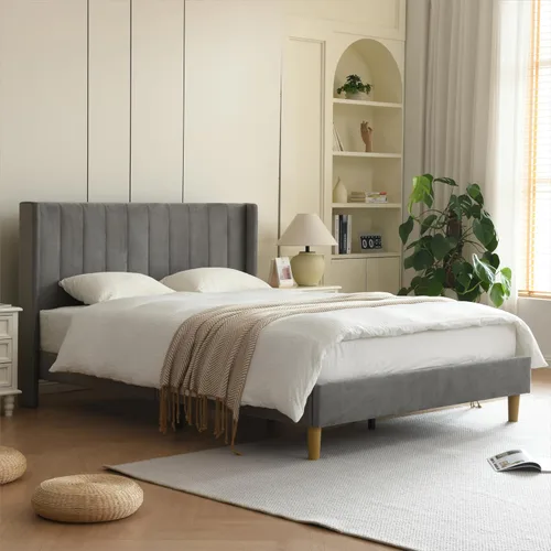 Vista 10 de YUHUASHI base de cama tapizada/base de cama individual/cabecera con diseño geométrico de doble ala moderno/tela de lino/fácil de montar sin ruido