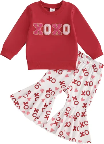 Vista 13 de Kayotuas Conjunto de sudadera de manga larga con estampado de corazón dulce y pantalones acampanados para bebés y niñas pequeñas Daddys Valentien