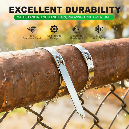 Vista 3 de Bridas de metal extra anchas de 15.8 pulgadas – bridas de acero inoxidable 304 resistentes Bridas de cables autobloqueantes para valla