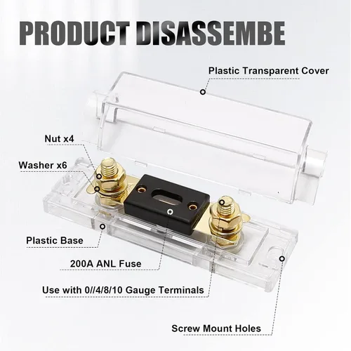 Vista 3 de Soporte de fusible ANL de 200 amperios de audio para automóvil, bloque de fusibles ANL calibre 0/2/4 AWG en línea con fusible de batería de 200 A