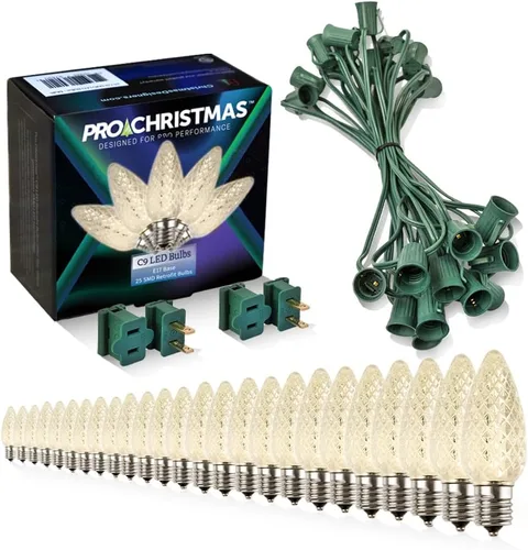 Vista 12 de Pro Christmas - Kit de luces C9 para exteriores, blanco cálido, cable verde, 50 bombillas, 50 pies