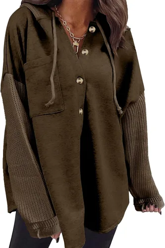 Vista 13 de SHEWIN - Sudadera de gran tamaño para mujer, de ajuste holgado, casual, manga larga, con botones, con capucha y bolsillos a gris