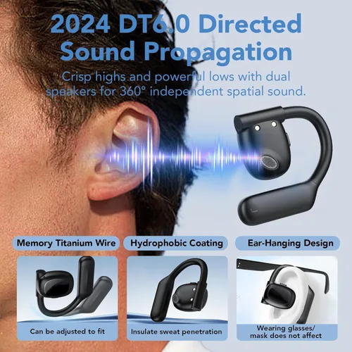Vista 5 de Auriculares Bluetooth 5.3 de oreja abierta, auriculares inalámbricos deportivos sobre auriculares integrados 4 micrófonos con ganchos