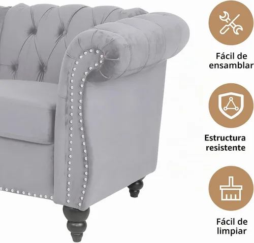 Vista 5 de QHITTY Sofá de Acento, Sofá Biplaza Chesterfield Moderno de Terciopelo, Sofá Tapizado con Respaldo Capitoné para Muebles de Sala de Estar (Gris)