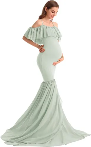 Vista 5 de MYRISAM Vestido de maternidad con volantes y hombros descubiertos para mujer, vestido de fiesta de sirena de gasa, vestido ajustado