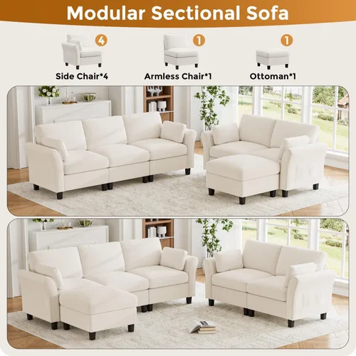 Vista 4 de Legend Vansen Sofá modular seccional, cómodo sofá modular en forma de U de 6 asientos con espacio de almacenamiento y diván, sofás seccionales Crema