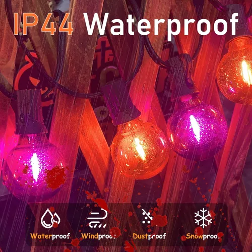 Vista 3 de Luces de Navidad Moradas y Naranjas, 25 pies, 27 unidades, luces de cadena LED G40 de Navidad, luces de decoración de interiores para patio al aire