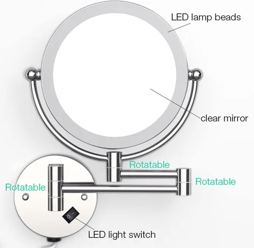 Vista 5 de Espejo de maquillaje con luz LED y aumento, espejo de afeitado de doble cara para baño, espejo extensible de tocador con enchufe, latón, 3X