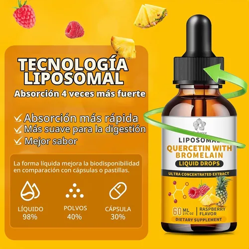 Vista 6 de Quercetina liposomal con gotas líquidas de bromelina para Kis & Aldult- mayor absorción, suplementos de quercetina 700 mg con bromelina saúco zinc