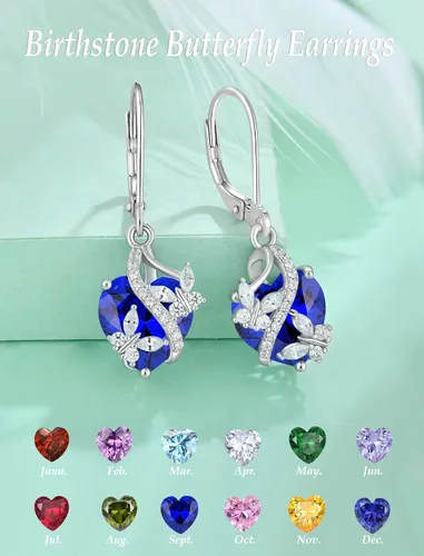 Vista 5 de Aretes de mariposa para mujer, plata de ley 925, aretes de corazón con piedra natal
