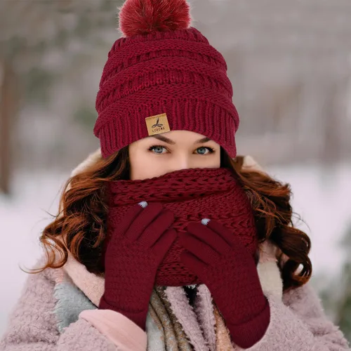 Vista 7 de Winter Beanie Hat Scarf Gloves Set, Soft Fleece Knit Hat Warm Touchscreen Gloves Neck Warmer Thick Scarves Gifts for Women