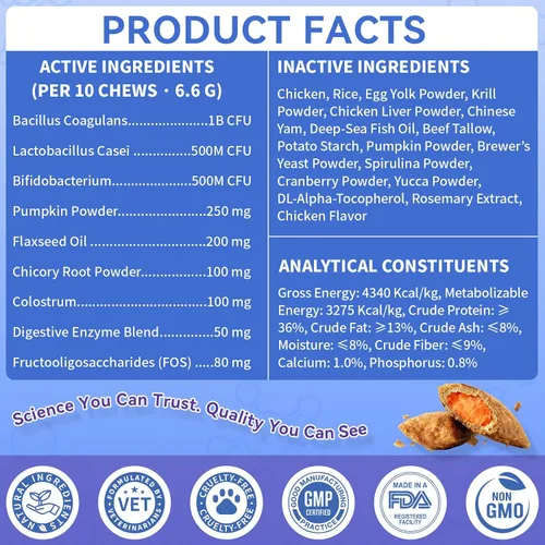 Vista 8 de Probióticos masticables para perros, 500 masticables, soporte estomacal sensible con núcleo de krill, probióticos triples y prebióticos, digestión