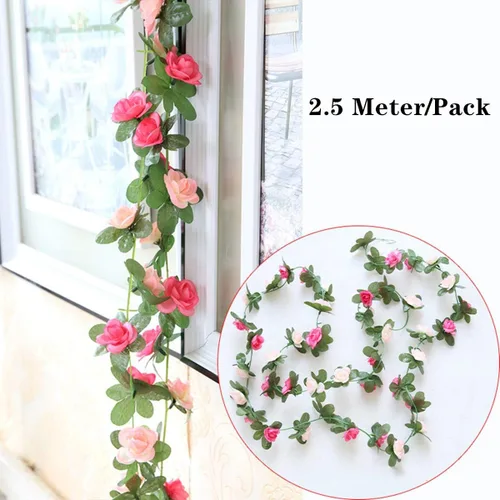 Vista 2 de Flores de rosas falsas, paquete de 2 flores artificiales de 8.2 pies, guirnalda de flores colgantes para habitación, hogar, hotel, oficina, boda