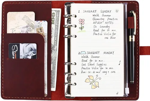 Vista 7 de Cuaderno de escritura de diario de cuero genuino, carpeta de anillos A6, bloc de notas recargable, organizador de viaje hecho a mano vintage