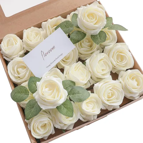Vista 6 de Floroom Flores artificiales, 20 unidades, rosas falsas de espuma de alto centro con tallo para ramos de boda, centros de mesa de despedida de Blush