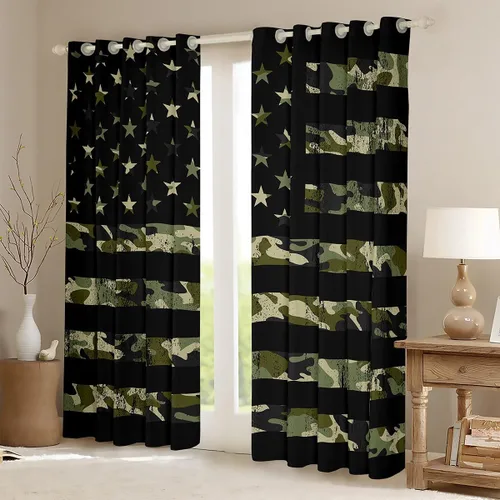 Vista 3 de Cortinas opacas de camuflaje con bandera estadounidense, regalo para niños, cortina de ventana de camuflaje verde con rayas negras, estrellas