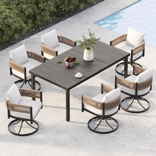 Vista 32 de Juego de comedor al aire libre Grand Patio de 5 piezas para 4, sillas de patio fijas de mimbre tejido metálico con cojines engrosados y 1 mesa