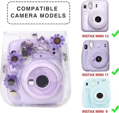 Vista 3 de Funda transparente para cámara instantánea Fujifilm Mini 12/13/11/9/8 con correa transparente para el hombro (flor real, morado) (sin cámara)