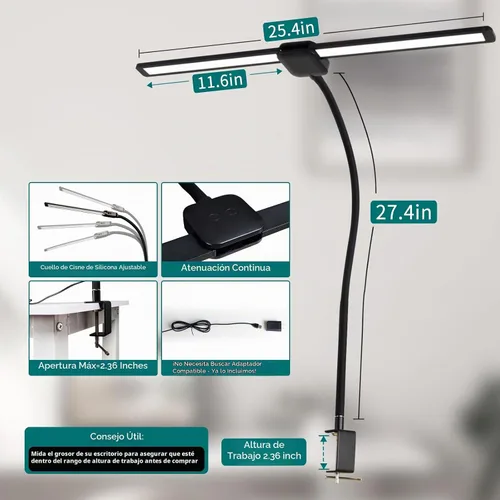 Vista 4 de Lámpara de escritorio de doble cabeza LED de 12W con adaptador de 2000LM US