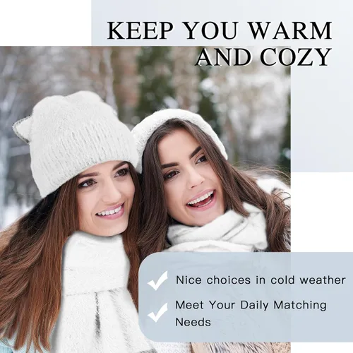 Vista 6 de Gorro de punto de invierno para mujer, guantes para pantalla táctil, bufandas, cálido y suave, con orejas de gato, gorras de calavera, bufandas