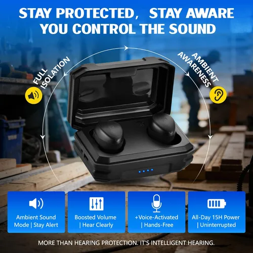 Vista 4 de PROHEAR EP03 - Auriculares Bluetooth de Protección Auditiva - OSHA 25dB NRR, Verdaderamente Inalámbricos, Resistente con 2 Micrófonos ENC