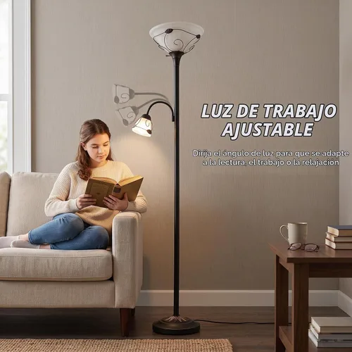 Vista 2 de VONLUCE Torchiere - Lámpara de pie con luz de lectura lateral, interruptor de 3 vías, combo de bronce antiguo, lámpara de pie para madre e hija