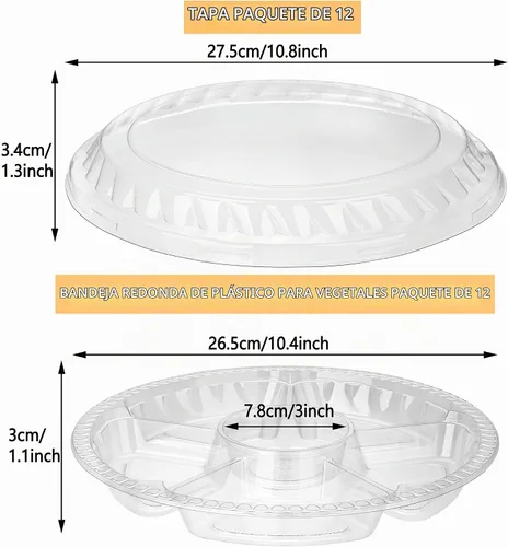 Vista 2 de Paquete de 12 bandejas redondas de plástico para verduras con tapa, bandeja de frutas, contenedor de 6 compartimentos divididos, bandeja para servir
