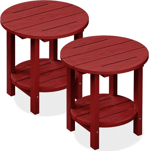 Vista 19 de SERWALL Mesa auxiliar redonda para exteriores, mesa auxiliar Adirondack pequeña de HDPE, mesa auxiliar de patio de 2 niveles para patio trasero